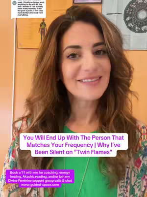 A woman with long brown hair smiles at the camera. She wears a green top, and a floral-patterned jacket. Text overlays are present, along with background details like art pieces.