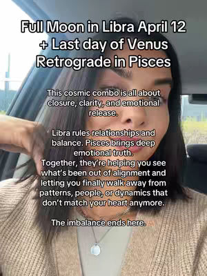 A selfie-style video cover image shows a woman in a car, her face filling most of the frame. Text overlays detail astrological events. The woman is looking at the camera from a medium angle, with her hair parted to the side and light makeup. She is wearing a neutral-toned sweater and a silver necklace. The background inside car is slightly blurred, while text blocks on top describe an astrological event.