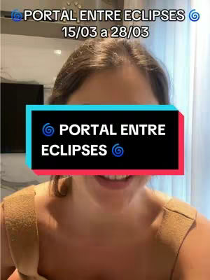 A selfie-style shot with a woman in the foreground. The woman's face is the main focus, with a black overlay featuring white text that reads 'PORTAL ENTRE ECLIPSES' and an astrological symbol on either side. The background is partially visible, showing an indoor setting.