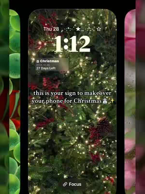 A phone screen displays a Christmas-themed lock screen. The background is a close-up of a Christmas tree with lights. Text overlayed on the screen reads a message related to a phone makeover.