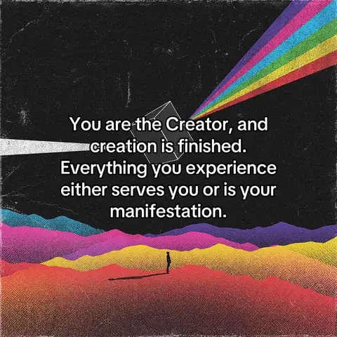 The cover image features a stylized, surreal illustration. In the foreground are layered, textured surfaces with a vibrant color palette of reds, oranges, purples, and yellows, resembling stylized mountains or abstract formations. Silhouetted against this landscape is a solitary figure. Above, a dark, textured sky is present with a geometric shape and a spectrum of rainbow colors radiating outwards from it, suggesting light or energy emanating outwards. The image has text overlaid with a vintage, textured appearance.