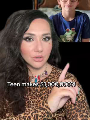 The cover image shows a woman in a leopard-print top in the foreground pointing her finger up, and a boy in a t-shirt with a frog graphic in the background. Text overlay indicates the video is about a teen making a million dollars.