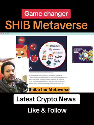 The cover image features a man speaking into a microphone, with overlaid text announcing "Game Changer SHIB Metaverse". The background displays a webpage with a Shiba Inu coin logo and related icons. Informational boxes and website previews are situated on the side, with the bottom section showing "Latest Crypto News Like & Follow" in a black bar.