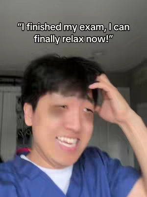 A young man with black hair is smiling, looking slightly upwards. Text overlaid at the top says, I finished my exam, I can finally relax now! The background, which is slightly blurred, appears to be a room with blinds.