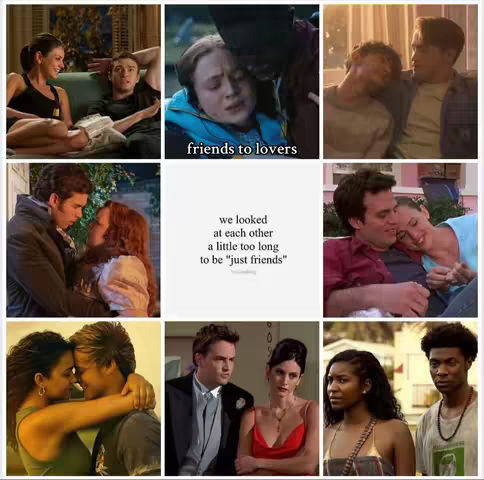 A collage of nine images, each featuring scenes with people, capturing a range of emotional interactions, primarily between couples or friends. The central image features text: "we looked at each other a little too long to be "just friends." Other clips include the text overlay: "friends to lovers."