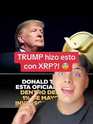 The cover image features two main focal points and a live-action element. On the top left, there's a photo of Donald Trump, and to the right, there is a golden coin with the Ripple XRP logo. Below, a young man with fair skin and dark hair gestures upwards and speaks directly to the camera. He is against a semi-transparent background that includes text and a large golden XRP symbol.