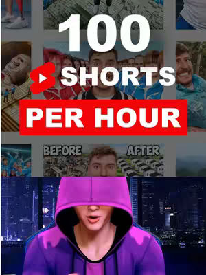 The cover image features a grid of several smaller images. The center image shows a person wearing a purple hoodie with the hood up, and a cityscape is visible in the dark background. Above this person, there are several smaller images featuring different people smiling or reacting to a video. There is a red banner with the white text '100 SHORTS PER HOUR' on top of the image.