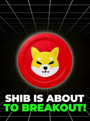 A sleek, digital graphic featuring the Shiba Inu coin's emblem on a black background. The emblem is a stylized yellow dog face inside a red circle, centrally positioned. Below the coin image, bold, green text reads 'SHIB IS ABOUT TO BREAKOUT!'. The background is a grid in a dark style.
