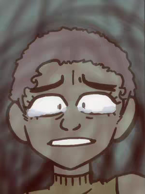 The image is a digitally-painted close-up of a person, likely an illustration. The figure has a concerned expression with wide eyes and furrowed brows. The color palette is muted with skin tones in olive, the hair in shades of purple, and a soft gray background. The artwork is simplified and illustrative.