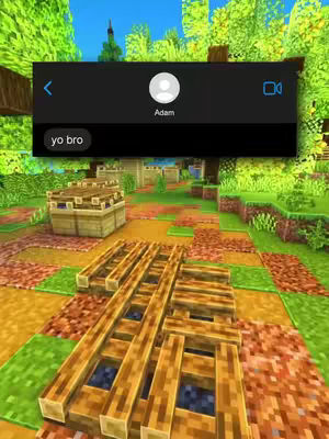 A Minecraft-style scene with green and brown blocks forming the ground. There are wooden structures and greenery in the background with a chat bubble in the upper part of the screen.
