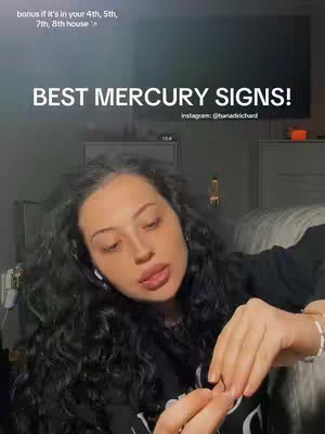 A cover photo shows a young woman with long dark curly hair, facing the camera. The background is a dark room. Overlaying the image are the words "BEST MERCURY SIGNS!" in a bold white font, and a smaller text that reads bonus 'if it's in your 4th, 5th, 7th, 8th house'.