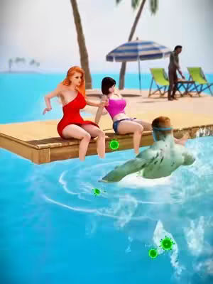 An illustrative image of a beach scene. Two women in swimwear are seated on a wooden dock. In the water, a man appears to be diving or swimming, with some green elements floating around him. Palm trees and beach umbrellas are visible in the distance, with the ocean and sky in the background providing a summery setting.