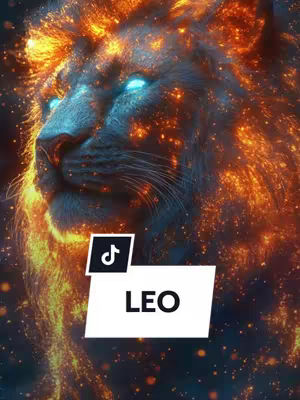 A digitally created image featuring a close-up of a lion's head, with the fur rendered in shades of dark blue and accented with glowing orange and yellow fiery particles. The lion is positioned at a slight angle, with its gaze directed towards the left. The image is overlaid with a white rectangle with the word LEO in bold, black font. Above the rectangle is the black and white TikTok logo. The overall effect evokes a sense of mystique and cosmic energy.