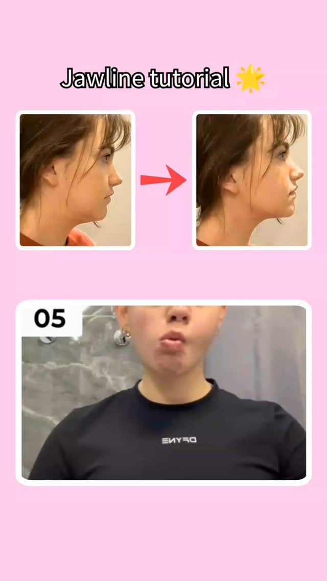 The cover image features a split into two sections arranged vertically. The top section features before and after images. The before image shows a side profile of a woman with her chin tucked in. An arrow indicates a transformation. The image on the right showcases the side profile of the same woman with her neck stretched, defining her jawline more clearly. The bottom section displays a video feed of the same woman demonstrating a jaw exercise, with the number 05 visible in a top corner, and a side view of the woman is displaying the mewing technique.