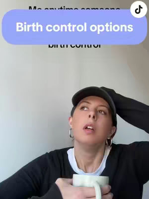 A woman with light skin and brown hair is looking up with a thoughtful expression, holding a white mug, set against a pale gray backdrop. A caption in a light blue box above her head reads, "Birth control options". There is a TikTok logo in the top right corner of the image.