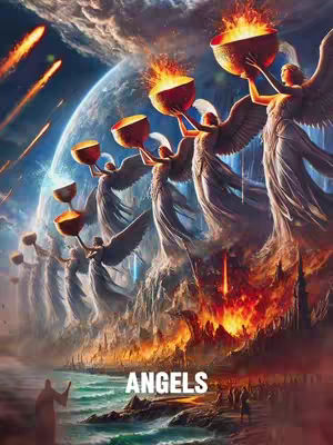 Digital artwork depicts a celestial scene with angels, flames, and a planet. Angels with outstretched wings hold glowing bowls, standing against a backdrop of clouds, meteors, and a large planet. Flames erupt below, and the word 'ANGELS' is prominently displayed at the bottom. The overall composition is dramatic and celestial.