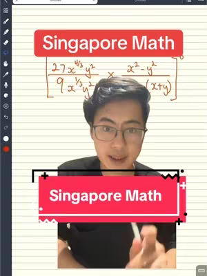 A person in front of a whiteboard-like background with math equations and a red text overlay saying Singapore Math. The person is wearing glasses and a black shirt.