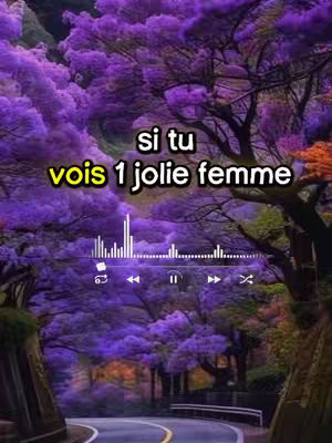 The image shows a scenic road disappearing into a vibrant, lush landscape. The road is a dark, winding grey, surrounded by trees with masses of purple, cloud-like blossoms. Against this backdrop, overlaid text in white and yellow font, is added for emphasis. A media player interface with playback controls is subtly integrated into the composition.