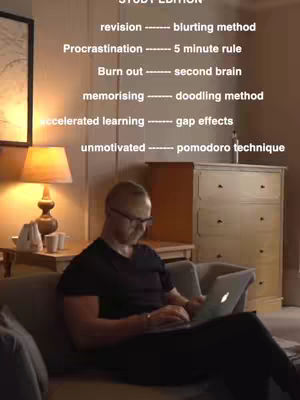 A man in glasses is sitting on a couch in a well-lit room, using a laptop. Text overlays list study tips and methods.