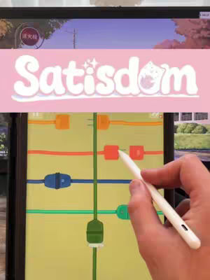 The cover image presents a brightly lit scene with a digital interface displayed on a tablet or screen. A large pink banner reading 'Satisdom' dominates the central area. Below, vertical lines intersect with colored horizontal segments, squares and other shapes are present. A hand holding a white stylus interacts with the screen. The background of the image shows an outdoor or cityscape scene.