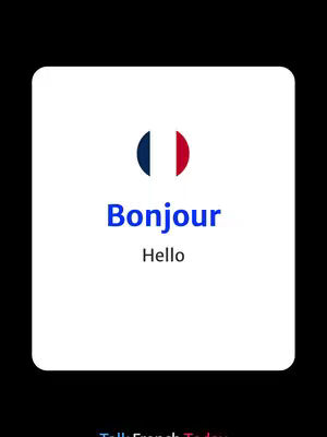 The image is a simple, clear design featuring a centered white rounded rectangle against a solid black background. Inside the rectangle, a stylized graphic of the French flag is displayed. Below the flag graphic, the word 'Bonjour' is written in bold blue font, and below that 'Hello' in a smaller black font. At the bottom, the domain name 'TalkFrenchToday' appears in a smaller font.