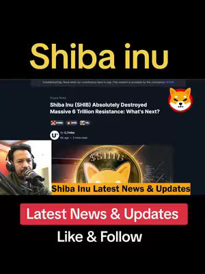 The cover image features a screenshot of a website or article about Shiba Inu (SHIB) crypto, with the text overlayed and a man's face with headphones on the side. The layout is vertical, likely designed for mobile viewing. Color scheme is dark, featuring shades of black, red and gold.