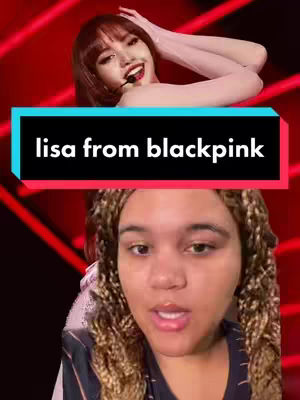The image is split into two sections, with a red background and a picture of Lisa of Blackpink at the top. A rectangular box with the text "lisa from blackpink" is superimposed over both parts of the image. At the bottom is a fair-skinned woman with light-brown curly hair, looking directly at the camera.