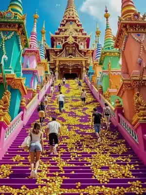 An eye-level shot of a vibrant, ornate temple complex under a bright blue sky. A set of stairs, painted in bright pink, ascends into the frame, leading to the temple entrance. People are walking up the stairs, and the steps are covered with what appear to be scattered yellow flower petals. The buildings have a variety of colors, including turquoise, orange, and gold, and are decorated with intricate details.