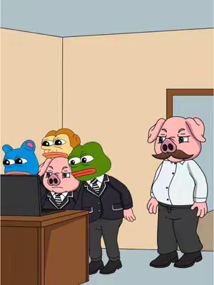 The image features a cartoon scene set in an office environment. Several anthropomorphic pig-like characters are clustered around a desk, appearing to be looking at a computer screen. They are dressed in suits, with one wearing a tie. The background includes two cream-colored walls, and a brown doorframe, suggesting a formal setting. One pig-like character stands to the right, facing the group, with a stern expression. The overall composition is an attempt at humor. The color palette consists of shades of pink, brown, black, and some blue.