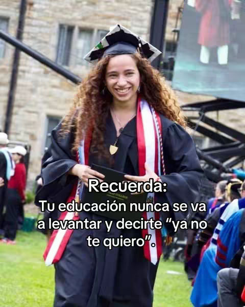 A smiling young woman in a graduation gown and cap holds a diploma, with overlaid text. Behind her are stone buildings and other graduates.