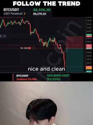 The cover image shows a split screen. On the top, a trading interface displays a live Bitcoin price chart marked with red and green lines with "FOLLOW THE TREND" in a white font at the very top, in black font. On the bottom, a person is centered, likely the creator, in a face close up, dark hair with a light-colored undershirt.