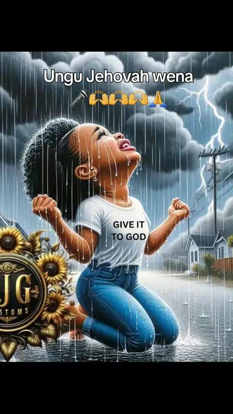 A digitally painted image shows a Black woman on her knees, looking up with her mouth open, suggesting a cry or prayer. Rain streaks down around her as lightning flashes in the background. She wears a white t-shirt that says "GIVE IT TO GOD" and blue jeans. Behind her are sunflowers and a logo, and in the background, there's a road and houses. The sky is dark with stormy clouds.