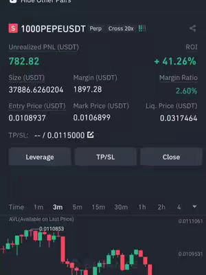 A screenshot of a trading platform interface displaying real-time financial data. The interface has a dark theme, likely to improve visibility of the data. The top portion displays the trading pair, '1000PEPEUSDT', the type as 'Perp', and the leverage as 'Cross 20x'. Below are key financial metrics. The PNL is $782.82, ROI +41.26%, Size $37886.6260204, Margin $1897.28, Margin Ratio 2.60%, Entry Price 0.0108937, Mark Price is 0.0106899, and Liquidation Price is 0.0317464. The bottom panel also shows a candlestick chart. The overall composition is clean and data-focused, common in financial dashboards.