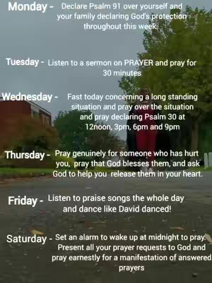 The cover image is a vertical shot detailing a week's worth of daily prayer and spiritual activities, with text overlayed on a blurred natural background. The layout is divided into sections for each day of the week, starting with Monday and ending with Saturday. The background appears to be a path or road with trees and a building in the distance, adding depth to the scene.
