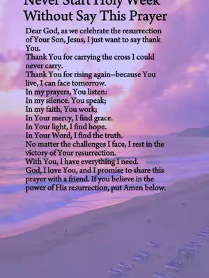 The image shows a serene scene with a purple and pink gradient background, reminiscent of a sunset or sunrise sky. Bold, white text overlays the image, presenting a prayer.