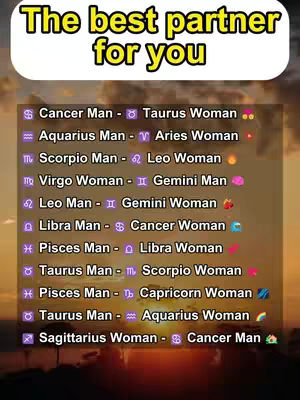 The cover image presents a vertical layout with text overlayed on a sunset background. The text, in a bold, sans-serif font, reads "The best partner for you." Below this, a list pairs zodiac signs, with each pairing presented as "Sign 1 - Sign 2." The background displays a gradient of colors, transitioning from orange and red at the bottom to lighter, cloud-like formations near the top.