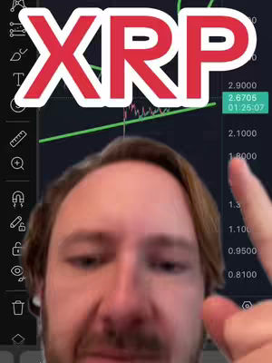 A man with short light brown hair appears with a graph-like chart overlaying his forehead. The text overlay features the word 'XRP' in large, red, capital letters.