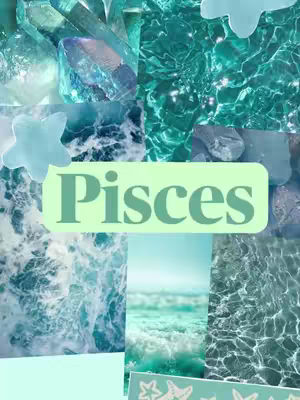 A collage of images with a teal and blue color palette. The background consists of images of water, including ocean waves, rippling water, and what appears to be a close-up of water reflections. Several clear crystal formations and starfish are scattered throughout the collage. A banner with the word "Pisces" in a sea-green color overlays some of the images.