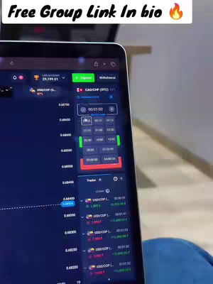 The cover image presents a screenshot of a trading platform displayed on a tablet. The tablet's screen shows real-time data, charts, and financial figures. The background includes a light-colored surface and a glimpse of the user's clothing. Text overlayed on the image reads 'Free Group Link In bio' and features a fire emoji.