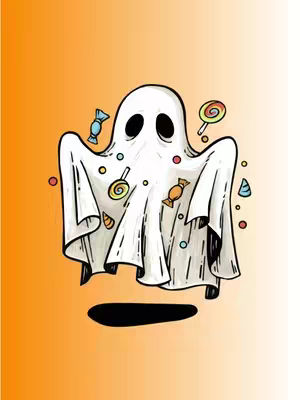 An illustration of a ghost wearing a white sheet, with large black eyes. It floats against an orange gradient background. Several pieces of candy, including round and wrapped candies, are scattered around the ghost.
