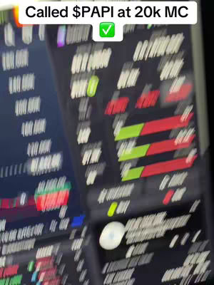 The cover image shows a close-up of computer screens displaying financial data. The screen is filled with charts, figures, and text, with colors like green, red, and black. An overlay at the top says Called $PAPI at 20k MC with a checkmark.