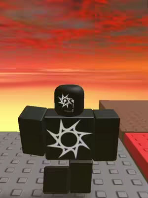 A stylized Roblox character stands centered against a blurred orange and red gradiant background. The character is a black block figure with white and white logos. The face has a crying emoji.