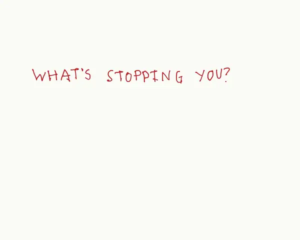 A minimalist image featuring crisp white background with the question 'WHAT'S STOPPING YOU?' in handwritten-style red letters.