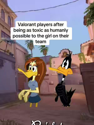 The image features two cartoon ducks in a stylized setting. On the left, a female duck with brown hair and a blue outfit looks partially towards the viewer. On right, a male duck in a black outfit with a white chest looks toward his female counterpart. Overlayed at the top is a text overlay with white sans-serif font on a transparent black background.
