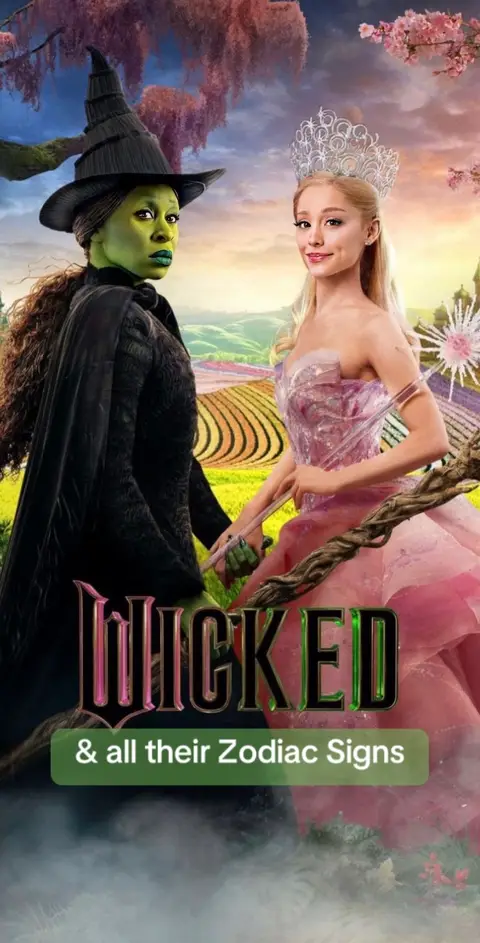 The cover image features a composite of two figures from the musical "Wicked" against a fantasy backdrop. On the left is a woman with green skin, dressed in a black witch's hat and attire. On the right, a woman with fair skin, wearing a sparkling pink gown and a tiara. The title "Wicked" is prominently displayed at the bottom, with additional text overlaid on a green banner.