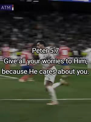 A video cover image shows a soccer player running on a field with a text overlay containing a Bible verse Peter 5:7, set on a background of a soccer stadium.
