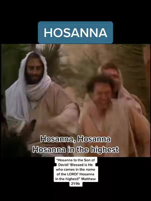 The image captures a scene from a historical film, depicting Jesus followed by a group of people seemingly during the Triumphal Entry. The central figure, presumably Jesus, is dressed in traditional attire, and the background hints at an outdoor setting. Text overlays, including the word "HOSANNA," further emphasize the religious theme and the content's connection to Palm Sunday.