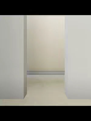 The image displays a stylized interior scene. The composition is divided with vertical structures on the left and right sides, framing a central space that recedes into the distance. The color palette is minimalist, dominated by shades of white and off-white, suggesting a clean and modern aesthetic. The layout is symmetrical, drawing the eye towards the center.