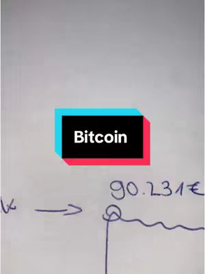 The image shows a white surface with handwritten notes and drawings. A black rectangle with the word 'Bitcoin' in white text is centrally placed at the top. Below, there's an arrow pointing towards a circular drawing, next to the number '90.231€'. The overall composition suggests a discussion about Bitcoin value, using simple visual aids.