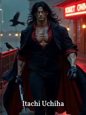 A digital artwork depicts a muscular man with long black hair and red eyes. He's wearing dark clothing–a long coat, a vest, and pants. Open in the front, the coat reveals a red shirt underneath. He is holding a blade and has dark gloves. The background shows a blurred street scene with a sign that says 'ROCKET CHINO', suggesting a nightlife setting, and there are ravens. A text overlay at the bottom reads 'Itachi Uchiha'.